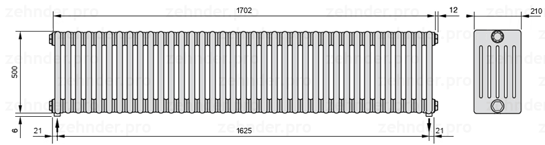 Схема (чертеж) Радиатор Zehnder Charleston 6050/37 №3570 Белый глянцевый RAL 9016